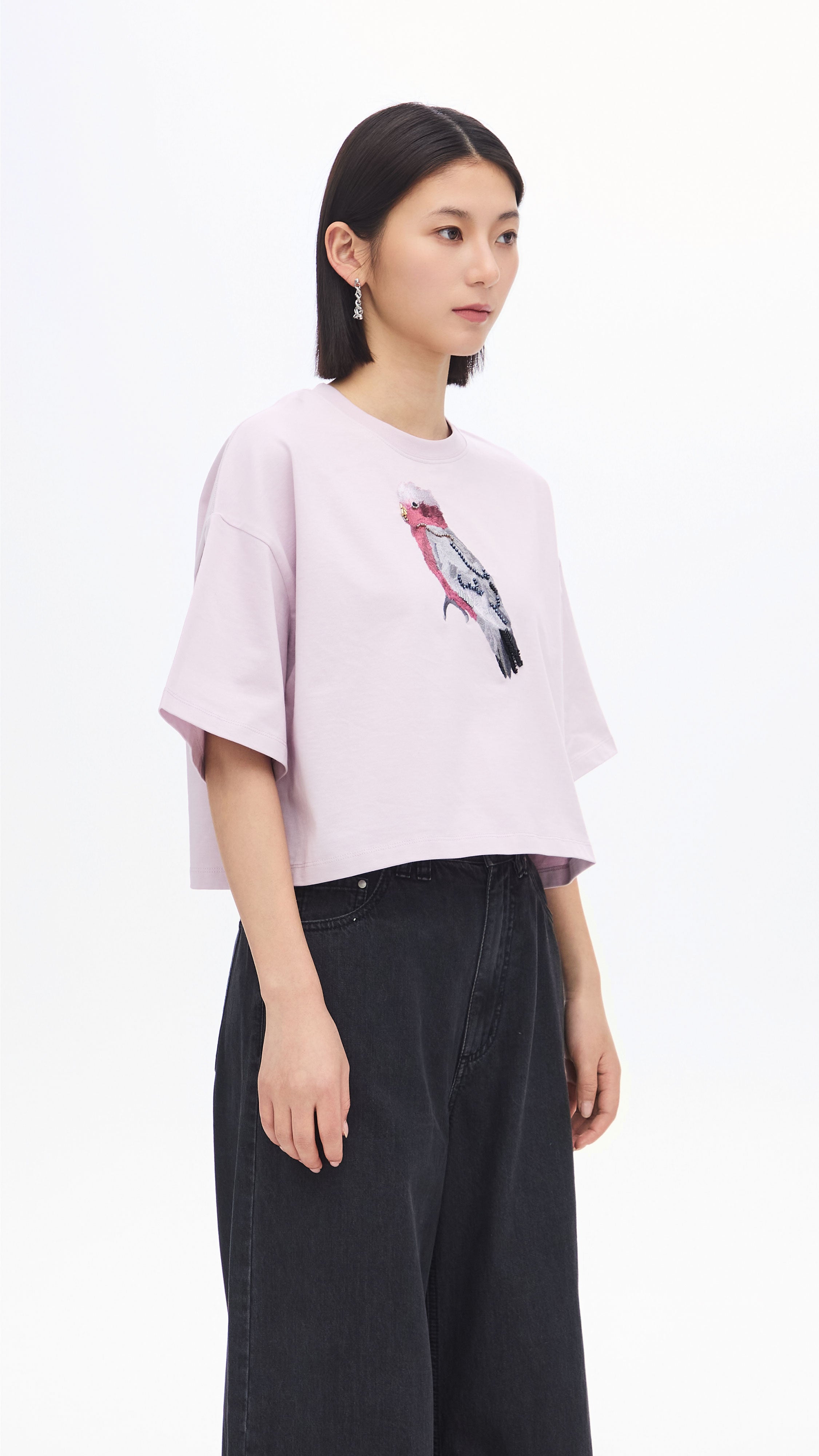 Cropped Parrot Graphic Embroidery Tee