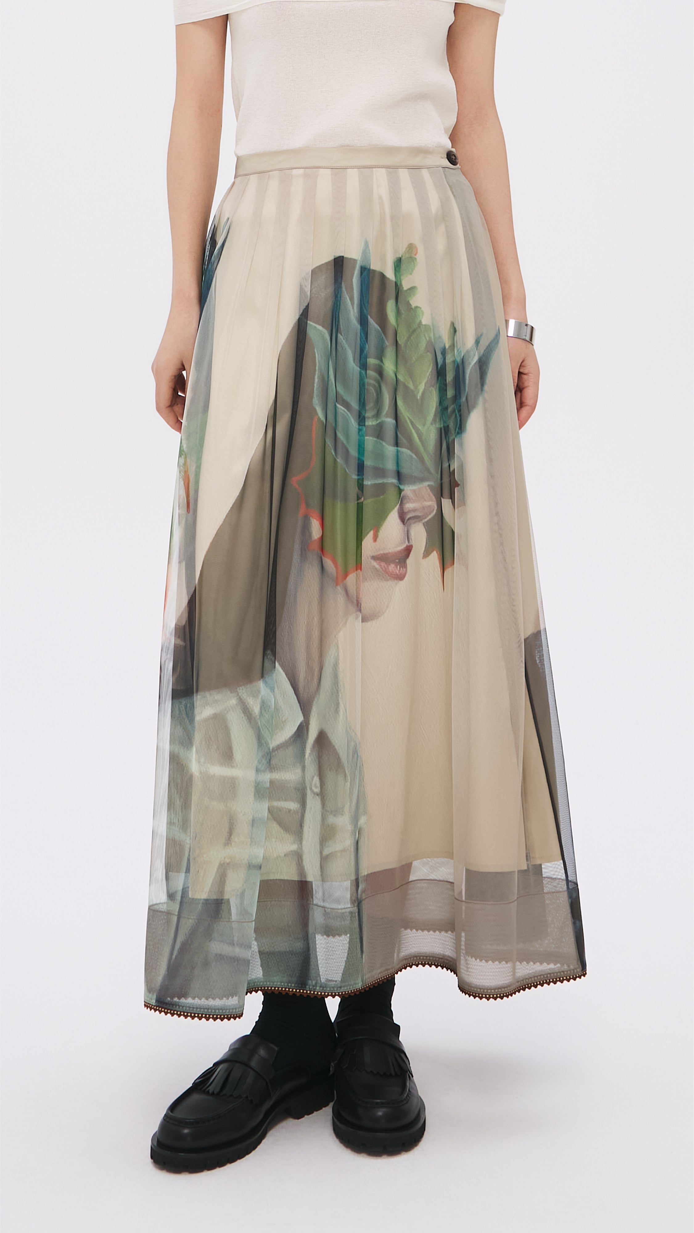 Mariko Enomoto Graphic Pleated Mesh Skirt