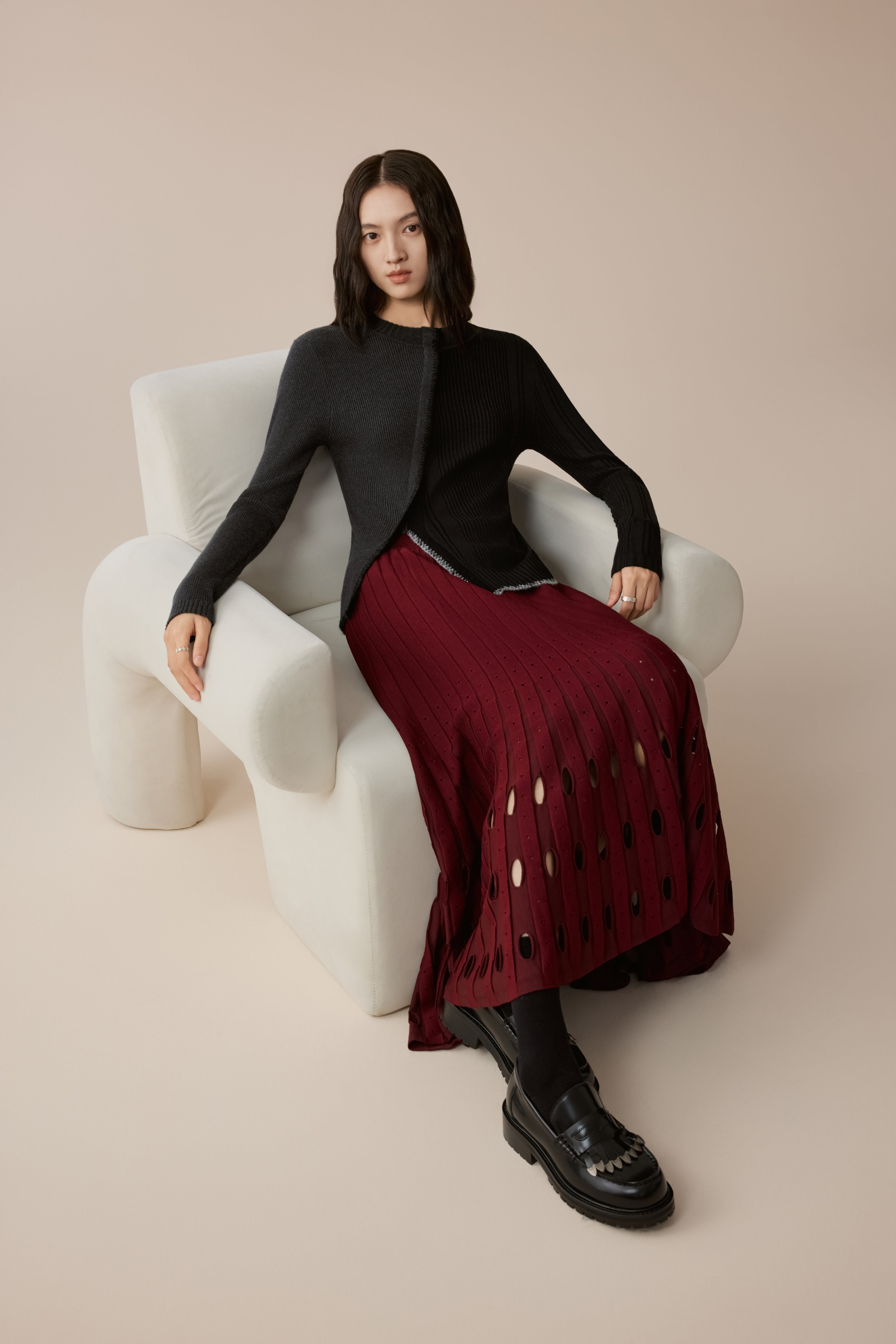 Contrast Color Pleated Knit Skirt
