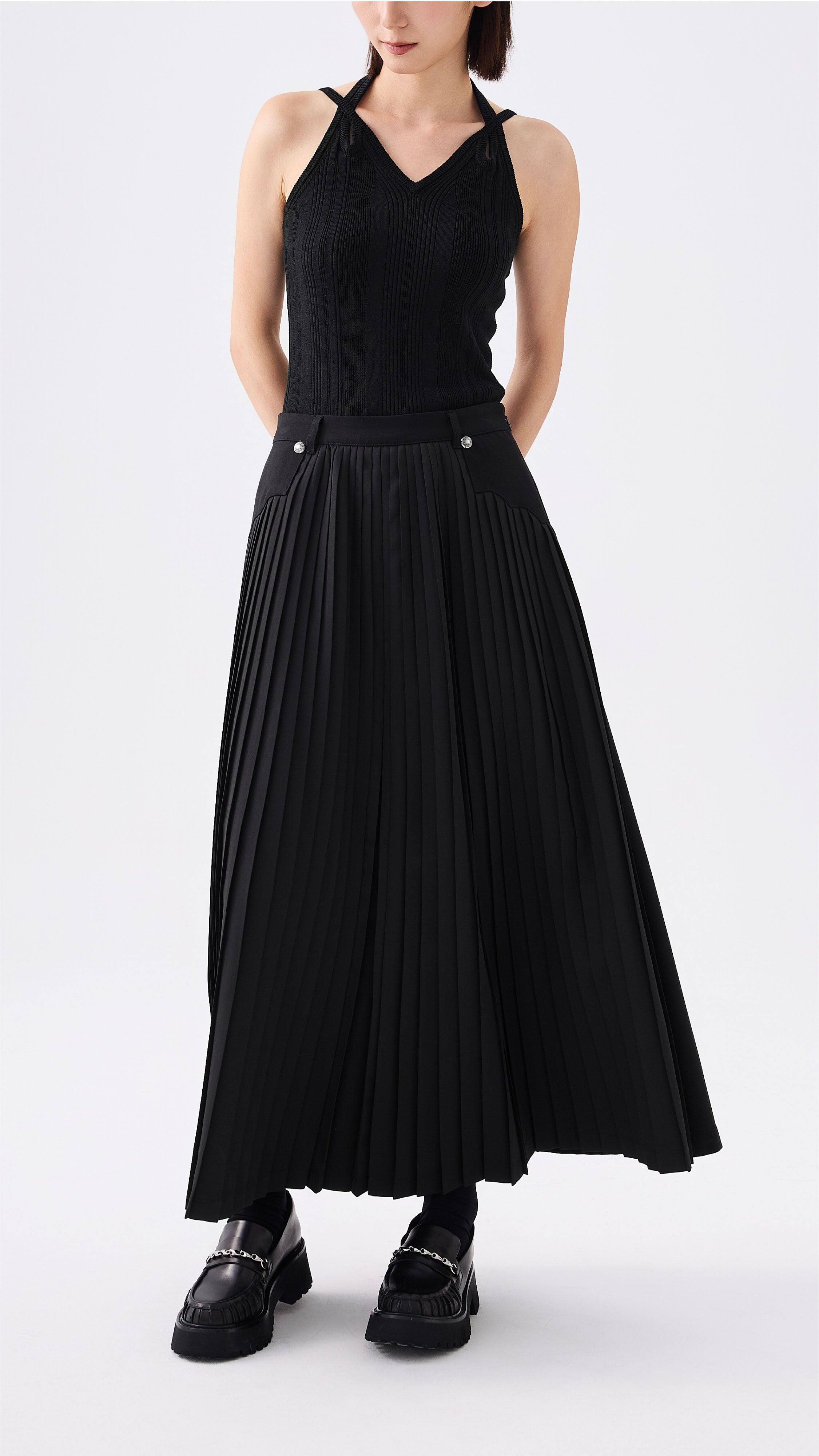 Front Pleated Flare Skirt