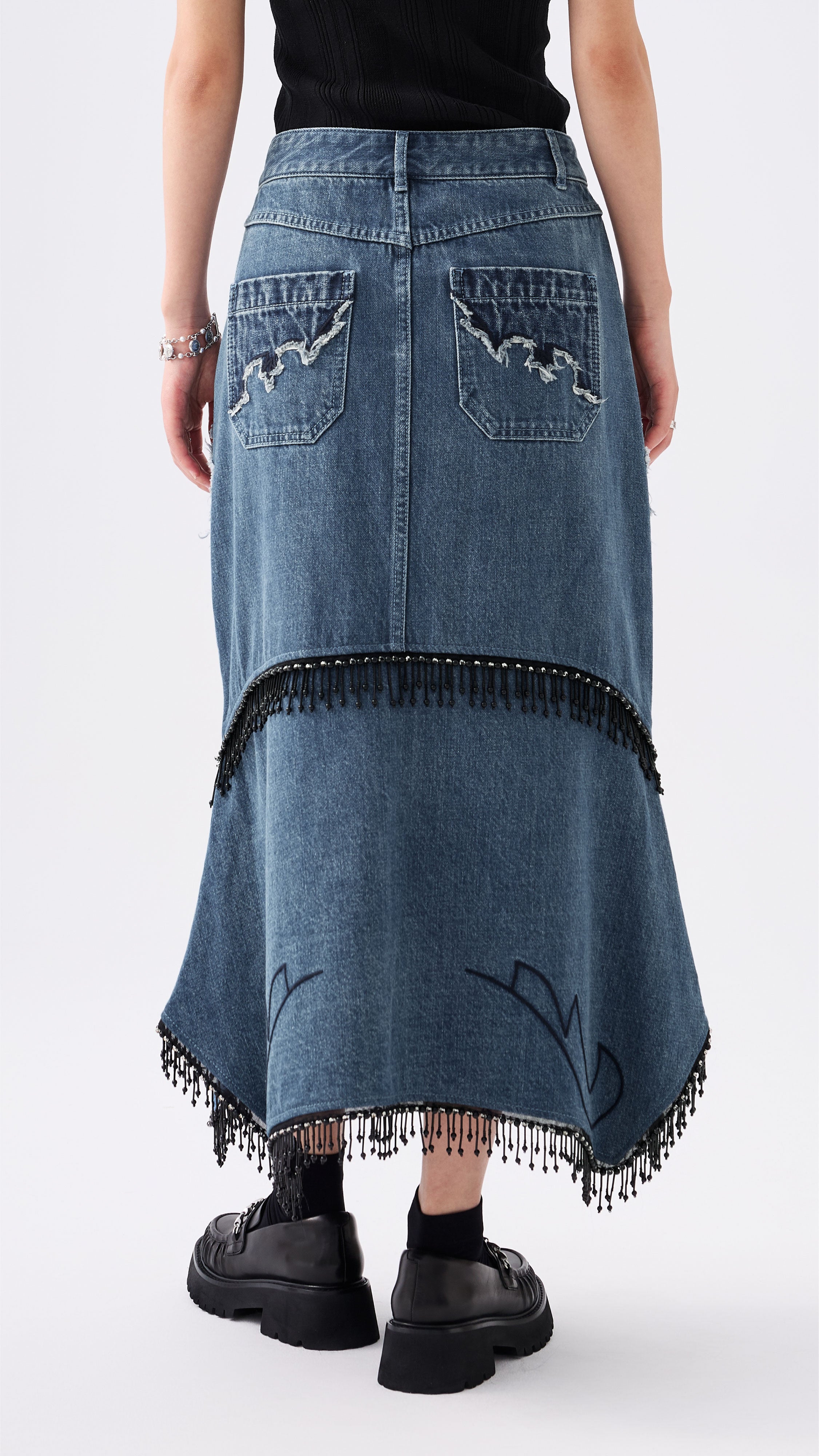Western Patched Denim Fishtail Skirt