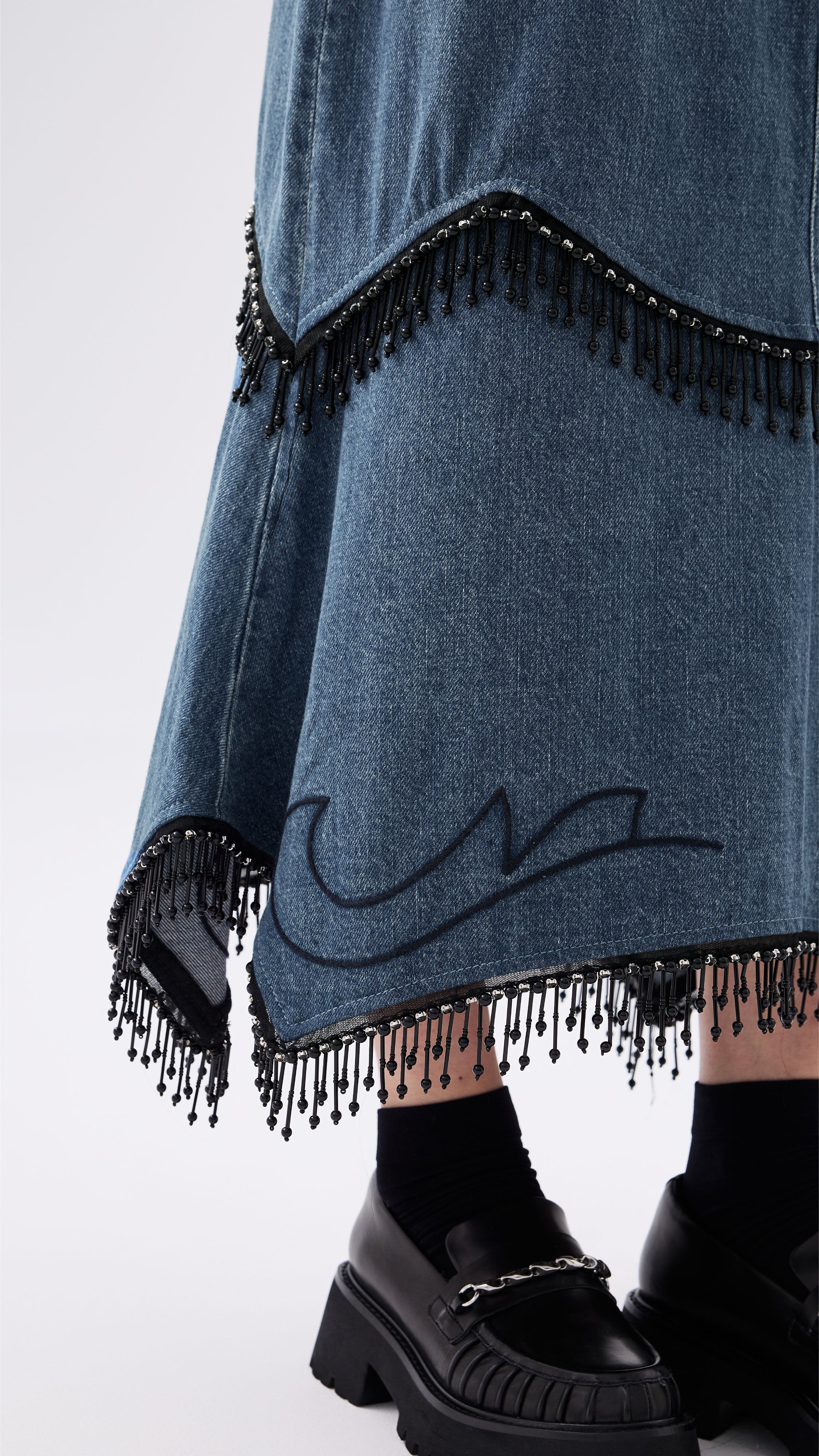 Western Patched Denim Fishtail Skirt