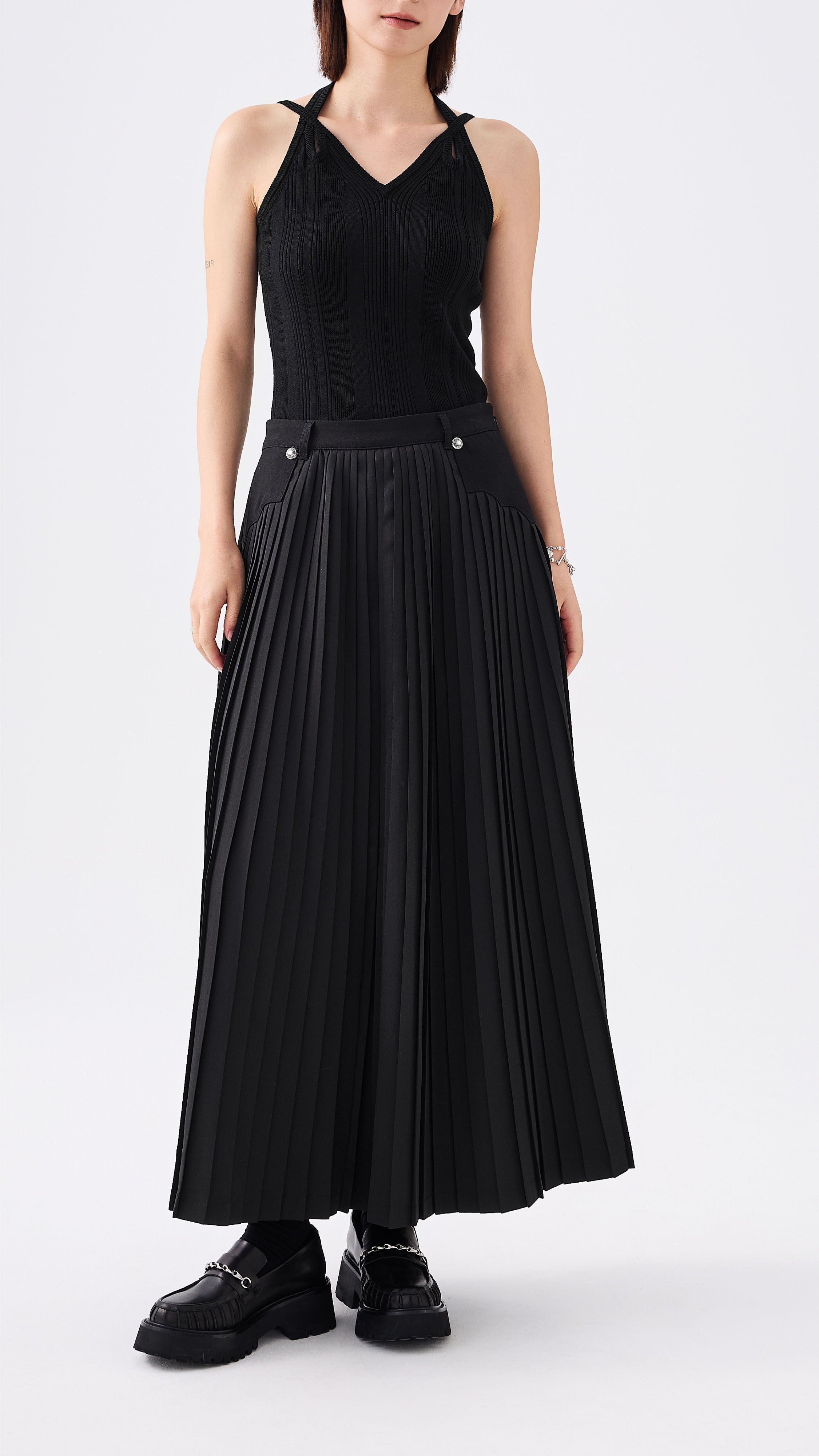 Front Pleated Flare Skirt