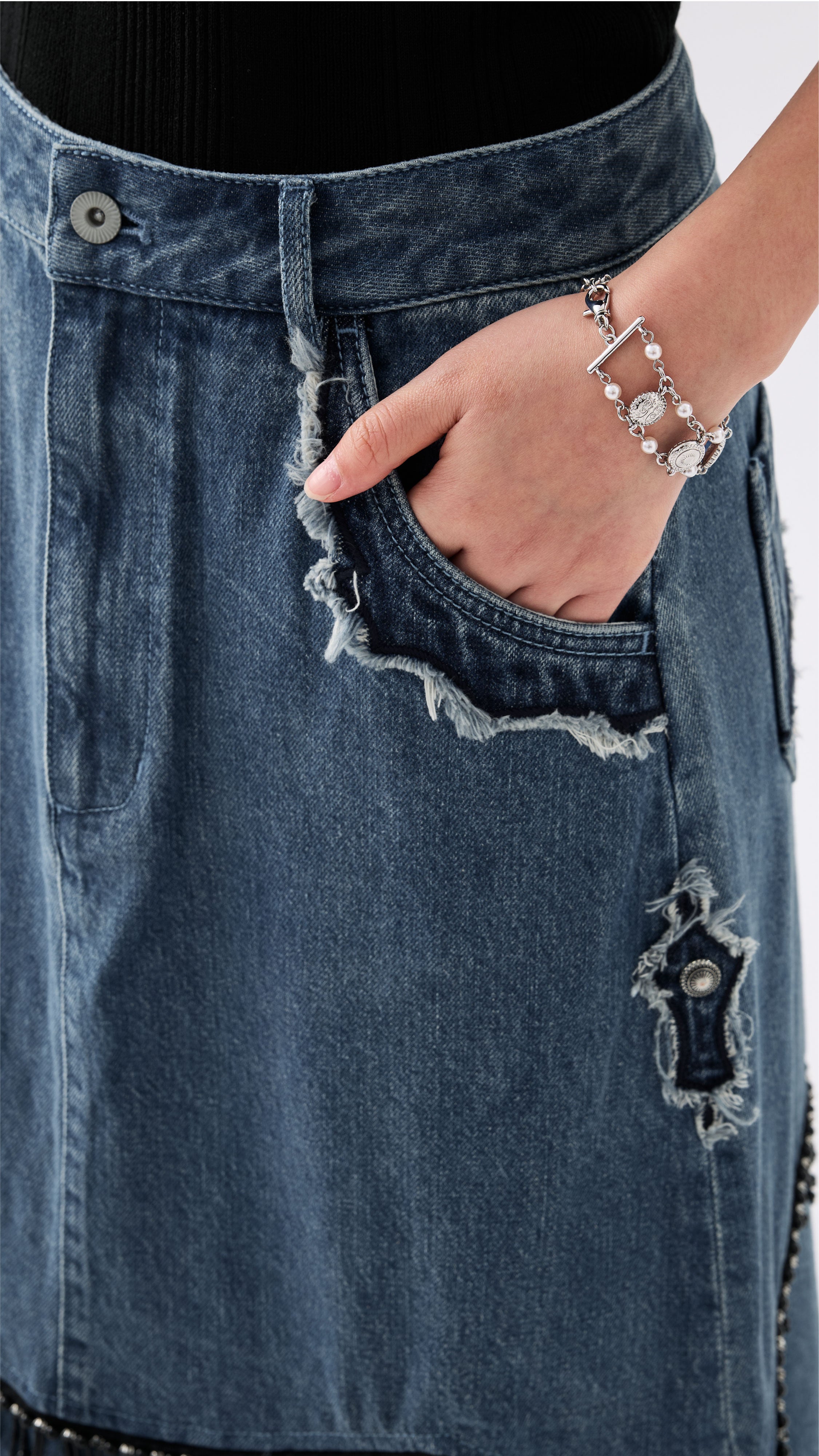 Western Patched Denim Fishtail Skirt