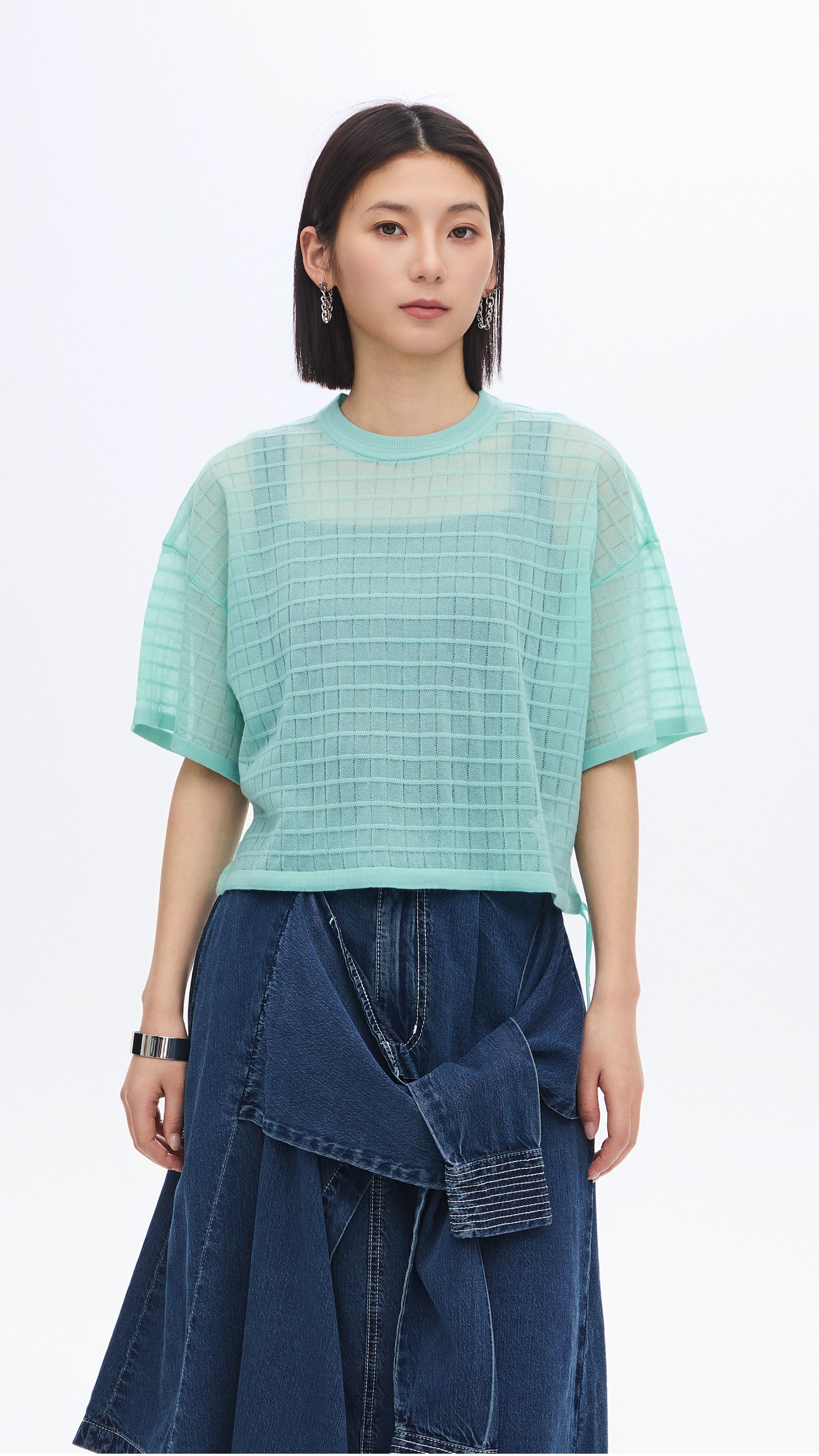 See-through Checker Knit Top