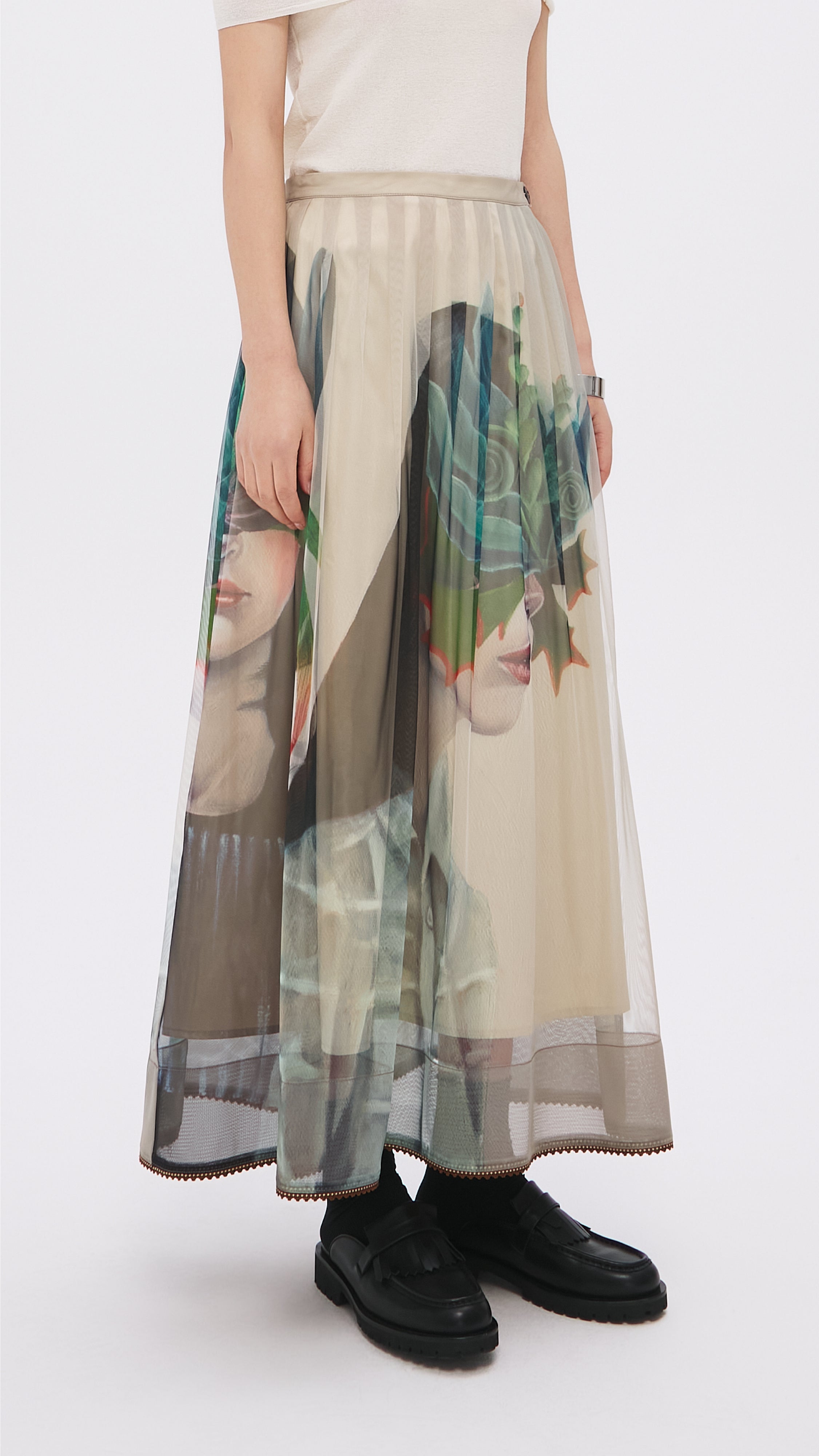 Mariko Enomoto Graphic Pleated Mesh Skirt