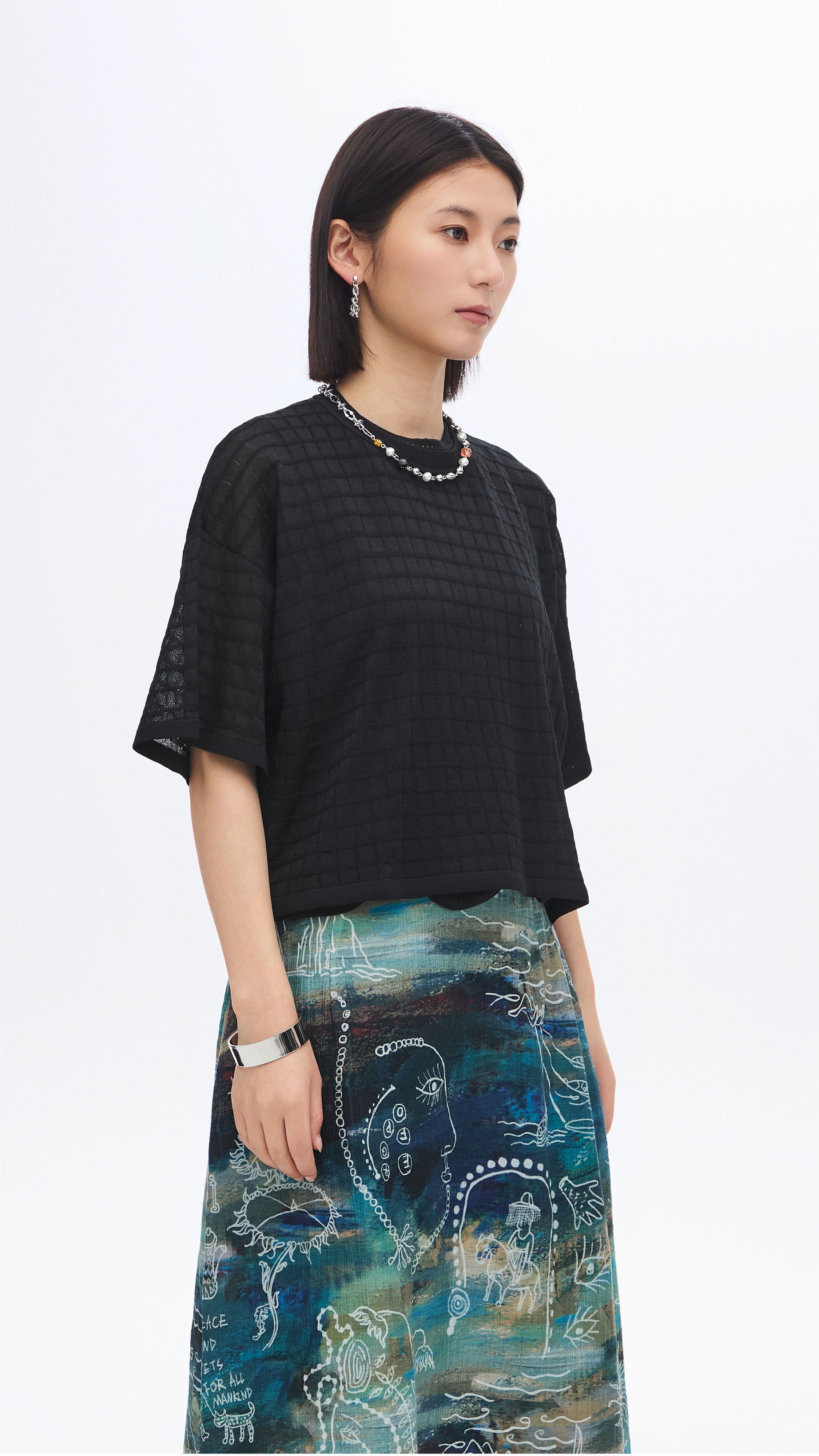 See-through Checker Knit Top